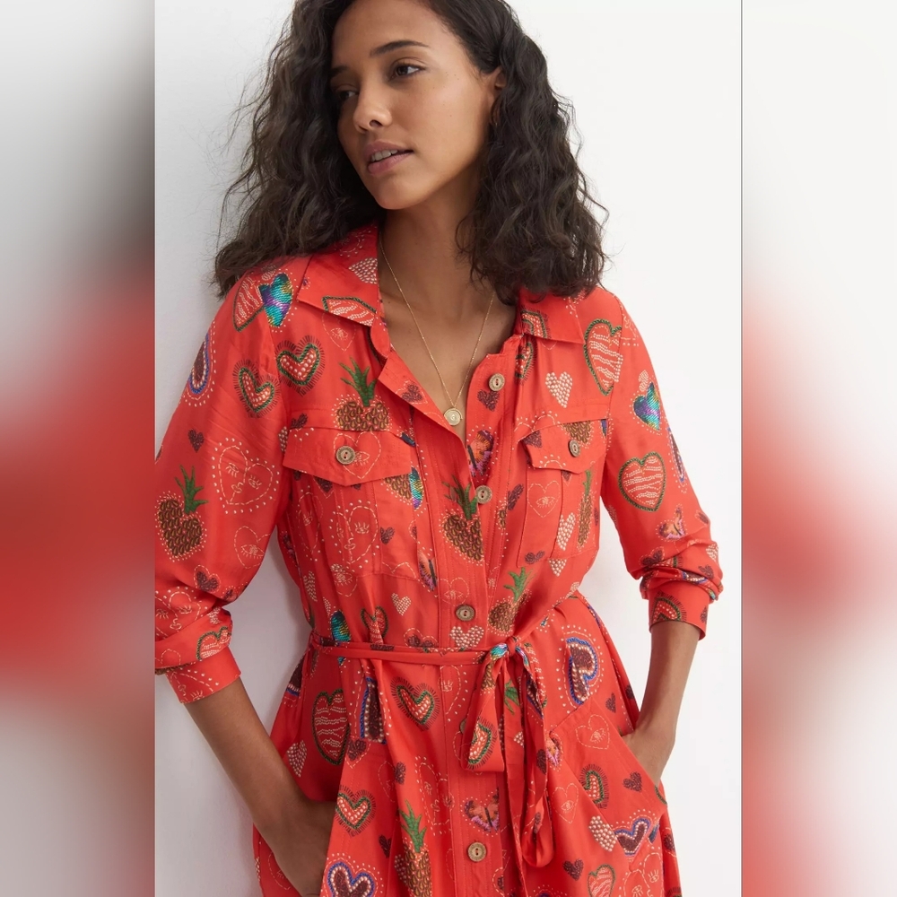 Red Button-Front Tie-Waist Shirt Dress